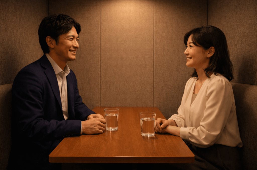 プライバシーが守られた個室ブースで、穏やかに談笑する40代の男女の様子。