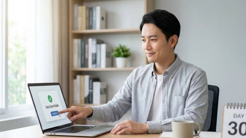 30日間全額返金保証の安心感を持ってオンライン結婚相談所に入会を決める男性